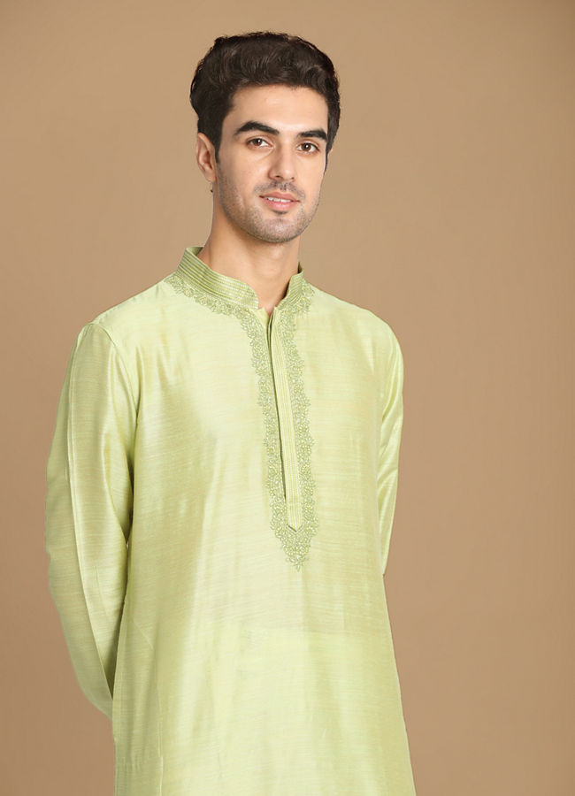 alt message - Manyavar Men Light Green Kurta Pajama With Minimal Work image number 0